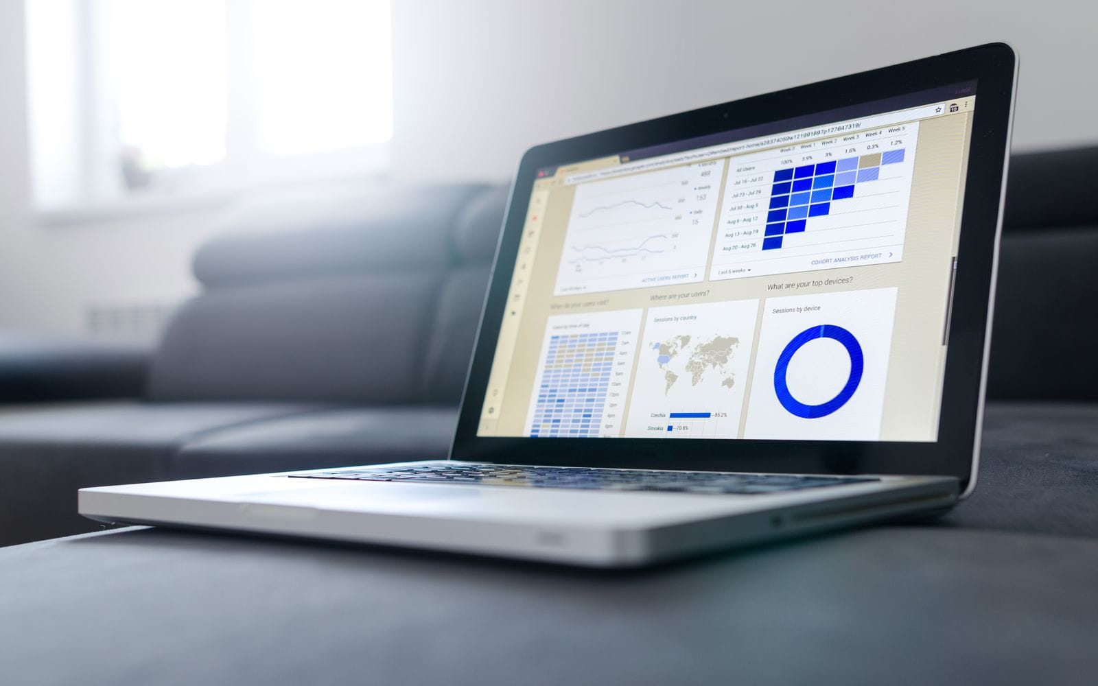 A laptop on a sofa showing an analytics dashboard with charts and a map