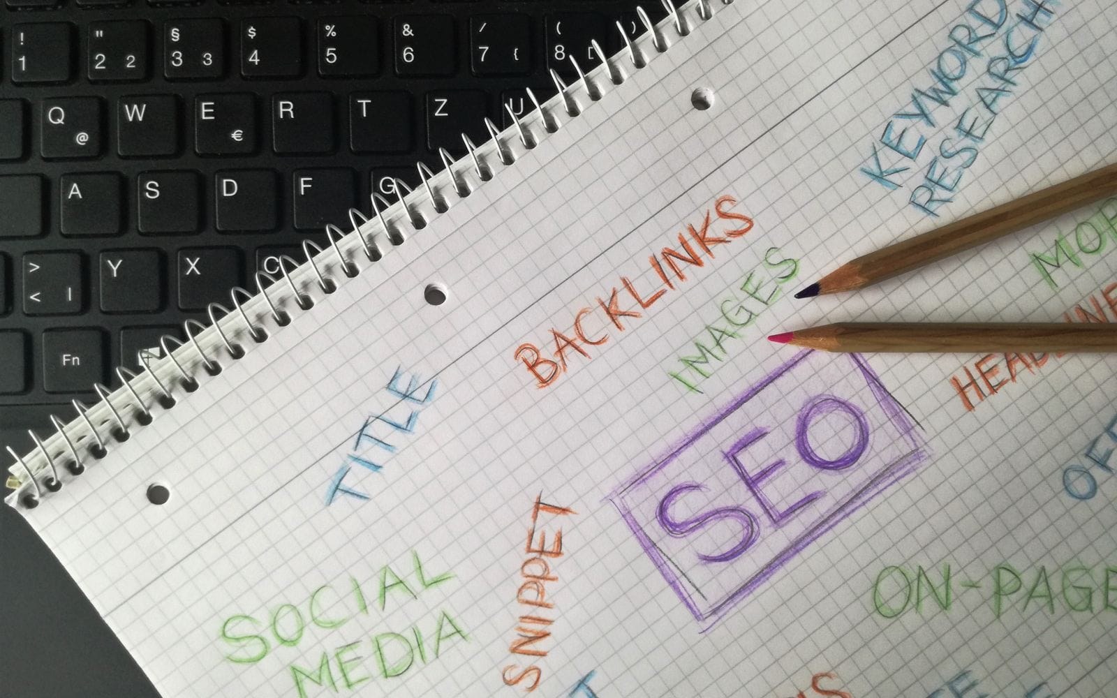 A notebook with SEO, keywords, backlinks and title sketched in coloured pens beside a laptop keyboard