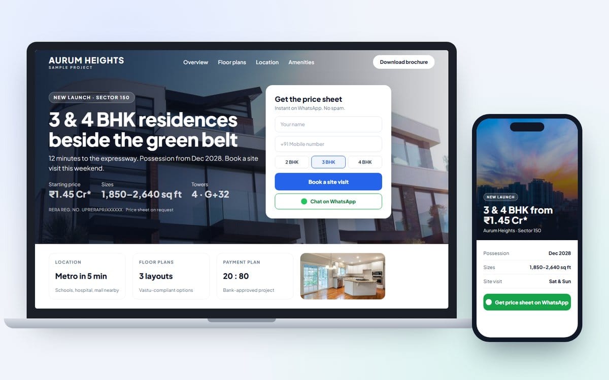 Sample real estate project landing page on a laptop and phone, with price, RERA number and site-visit form