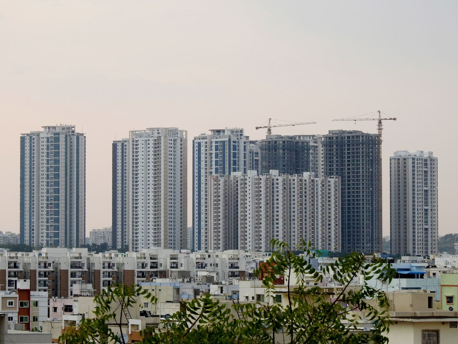 Row of new residential towers, some still under construction with cranes on top